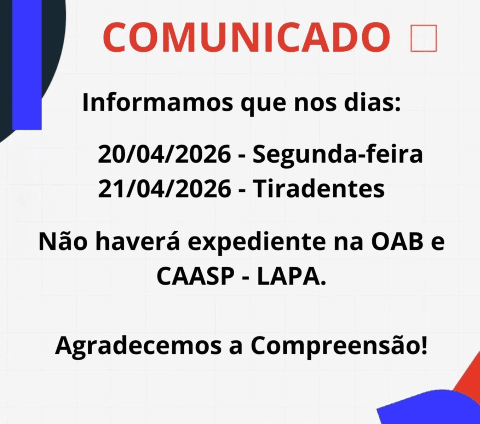 Comnicado: Expediente Feriado de Tiradentes