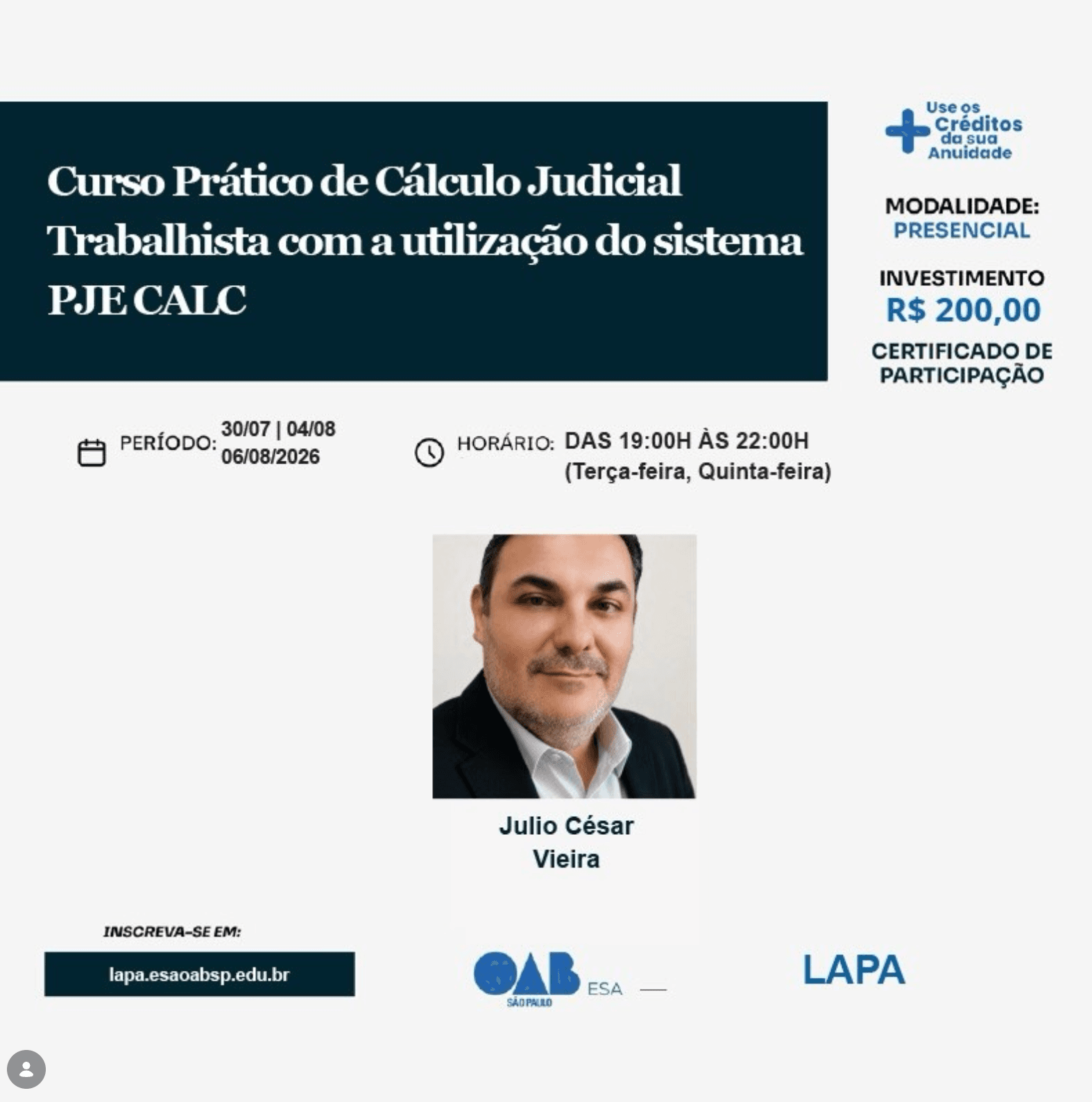 📙 ESA Lapa: Curso Prático de Cálculo Judicial Trabalhista com a utilização do sistema PJE CALC