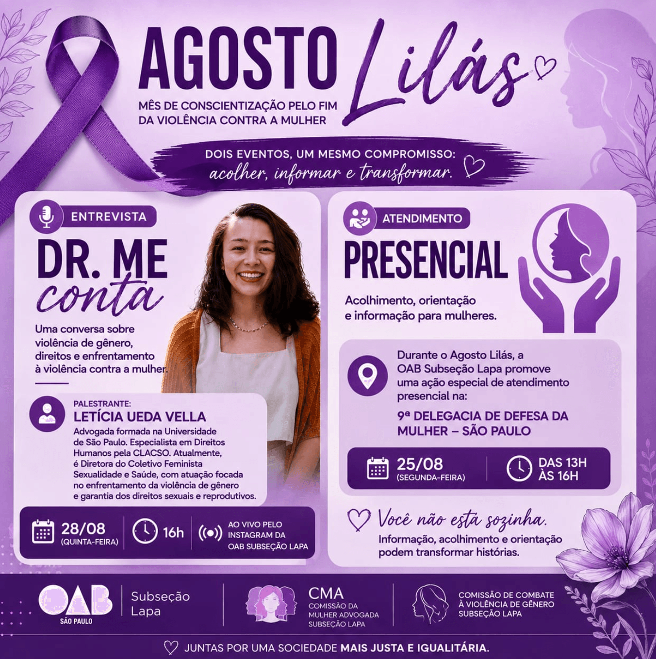 💜 AGOSTO LILÁS: Dr. Me Conta: Violência de gênero, direitos e enfrentamento à violência contra a mulher
