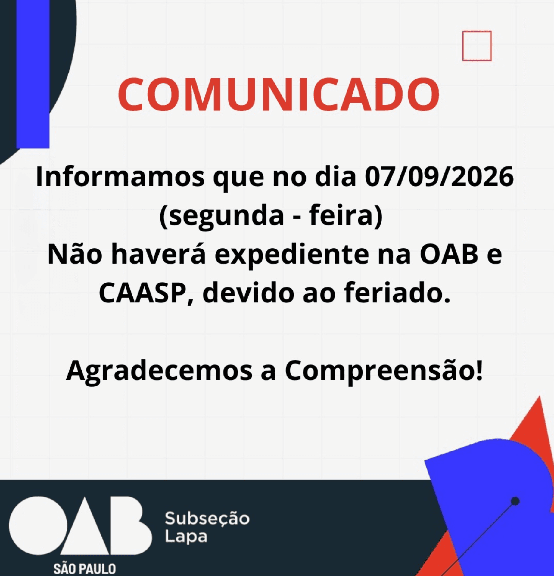 Comunicado: Feriado Independência do Brasil
